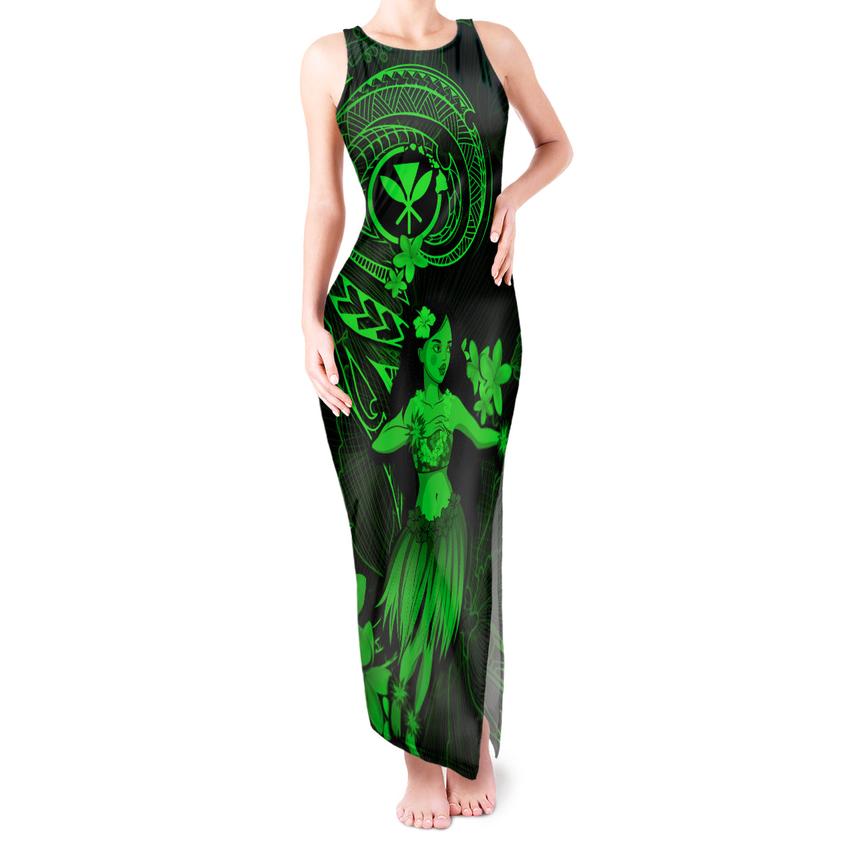 Hawaii Tank Maxi Dress Hula Girl Mix Polynesian Plumeria Green Version LT14 Women Green - Polynesian Pride