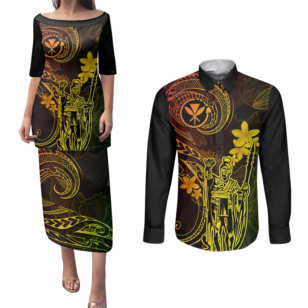 Hawaii Couples Matching Puletasi Dress and Long Sleeve Button Shirts King Kamehameha Mix Polynesian Plumeria Reggae Version LT14 Reggae - Polynesian Pride