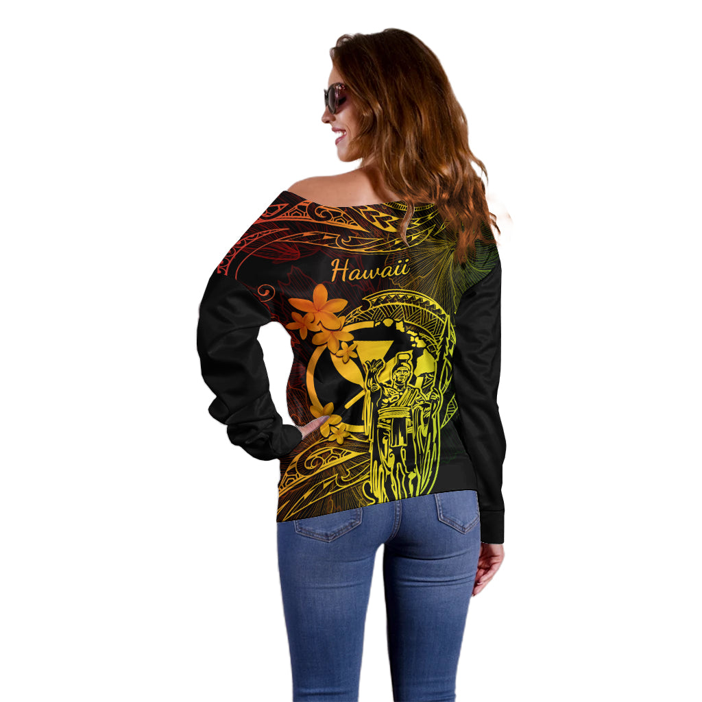 Hawaii Off Shoulder Sweater King Kamehameha Mix Polynesian Plumeria Reggae Version LT14 - Polynesian Pride