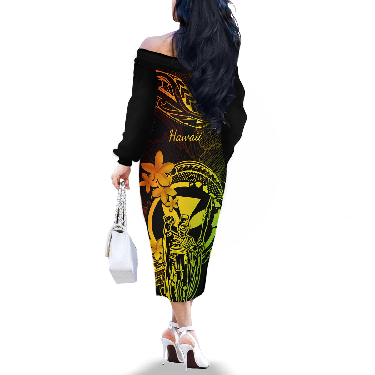 Hawaii Off The Shoulder Long Sleeve Dress King Kamehameha Mix Polynesian Plumeria Reggae Version LT14 - Polynesian Pride