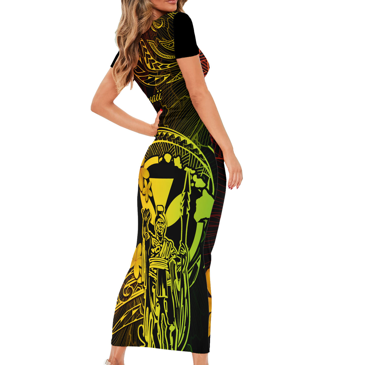 Hawaii Short Sleeve Bodycon Dress King Kamehameha Mix Polynesian Plumeria Reggae Version LT14 - Polynesian Pride