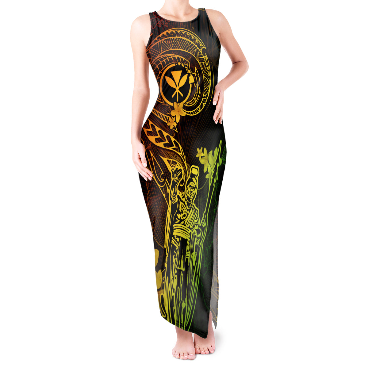 Hawaii Tank Maxi Dress King Kamehameha Mix Polynesian Plumeria Reggae Version LT14 Women Reggae - Polynesian Pride