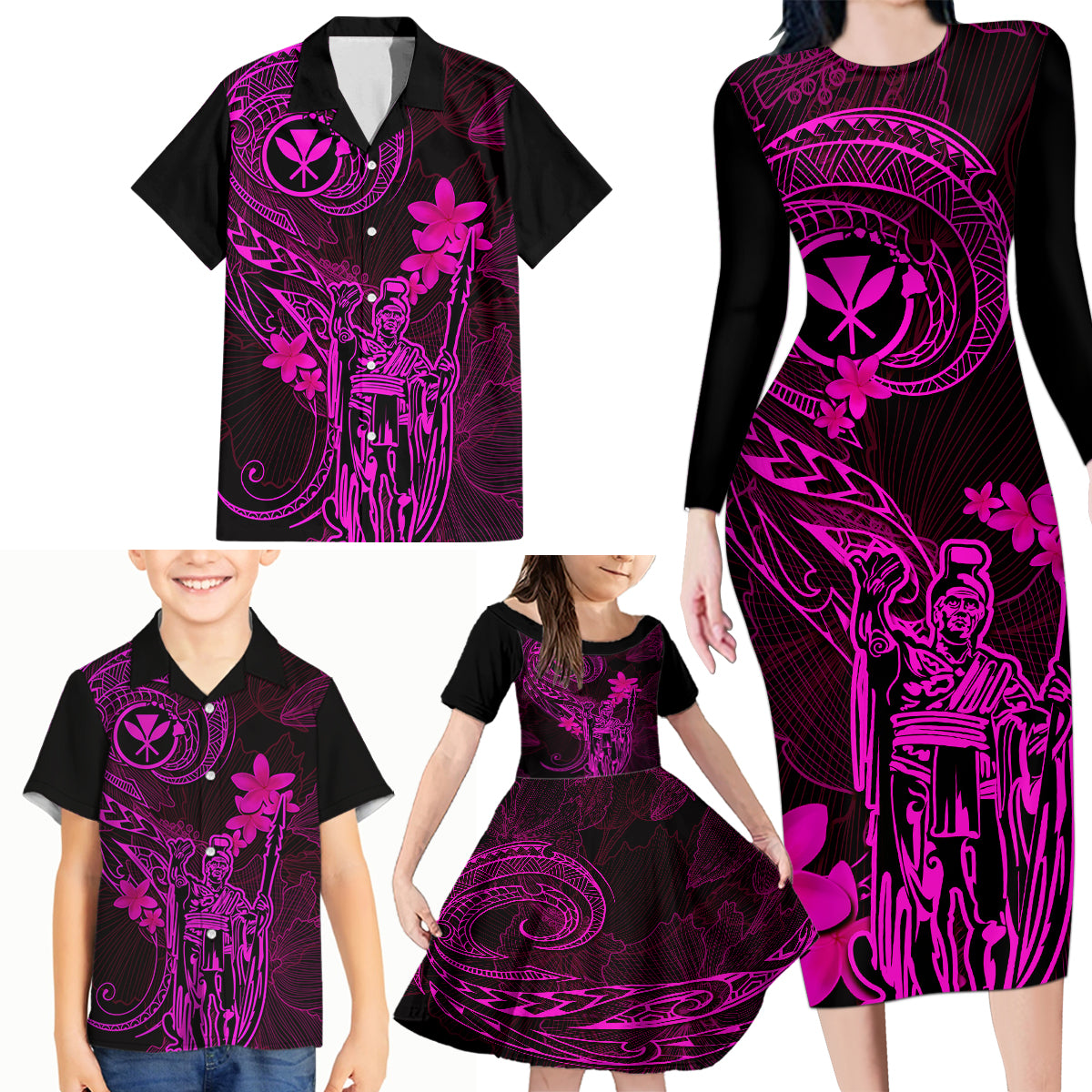 Hawaii Family Matching Long Sleeve Bodycon Dress and Hawaiian Shirt King Kamehameha Mix Polynesian Plumeria Pink Version LT14 - Polynesian Pride