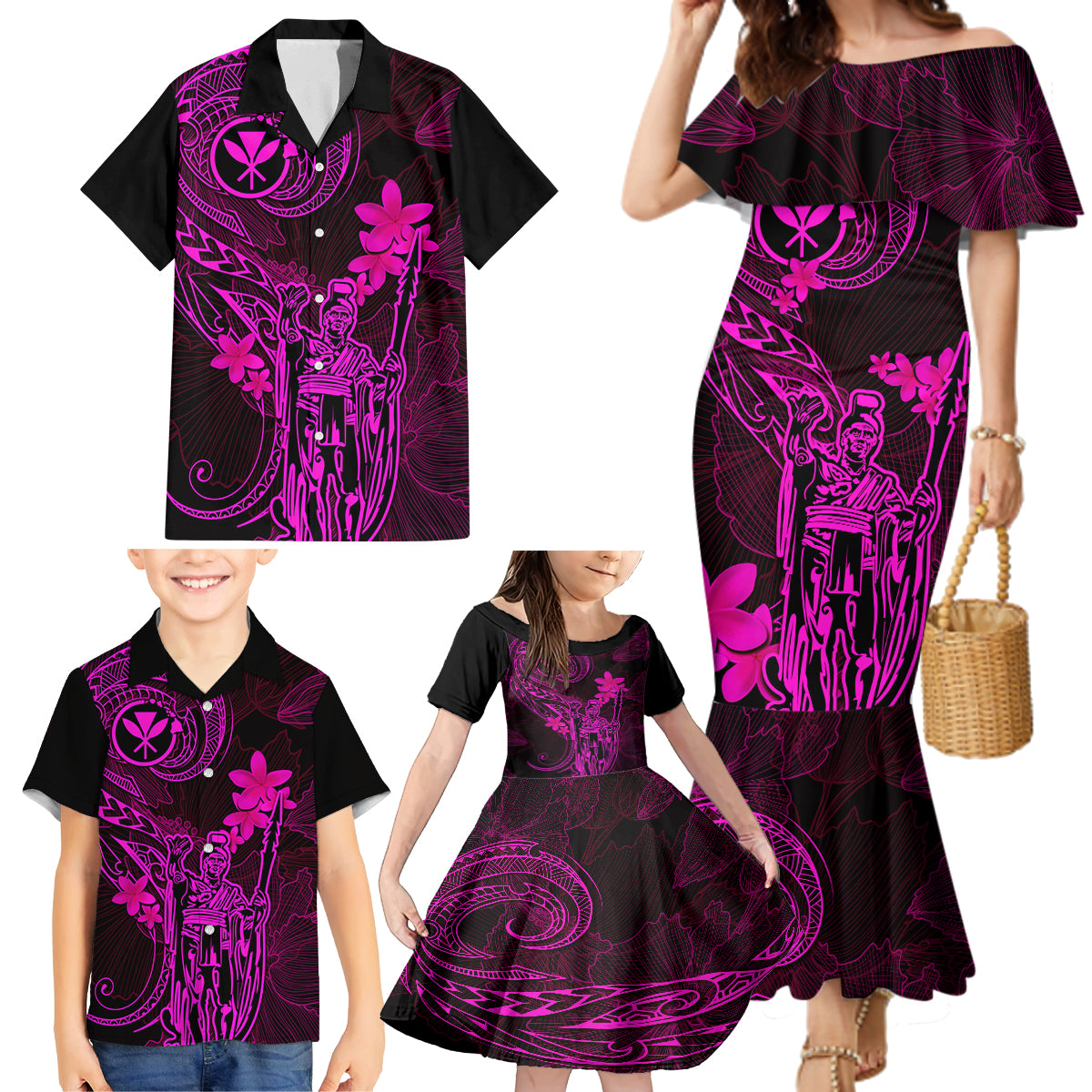 Hawaii Family Matching Mermaid Dress and Hawaiian Shirt King Kamehameha Mix Polynesian Plumeria Pink Version LT14 - Polynesian Pride