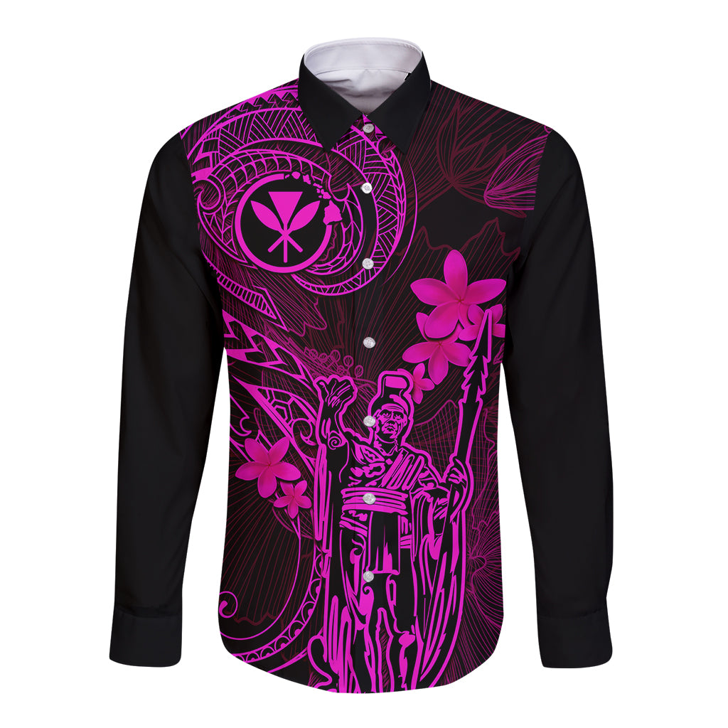 Hawaii Long Sleeve Button Shirt King Kamehameha Mix Polynesian Plumeria Pink Version LT14 Unisex Pink - Polynesian Pride