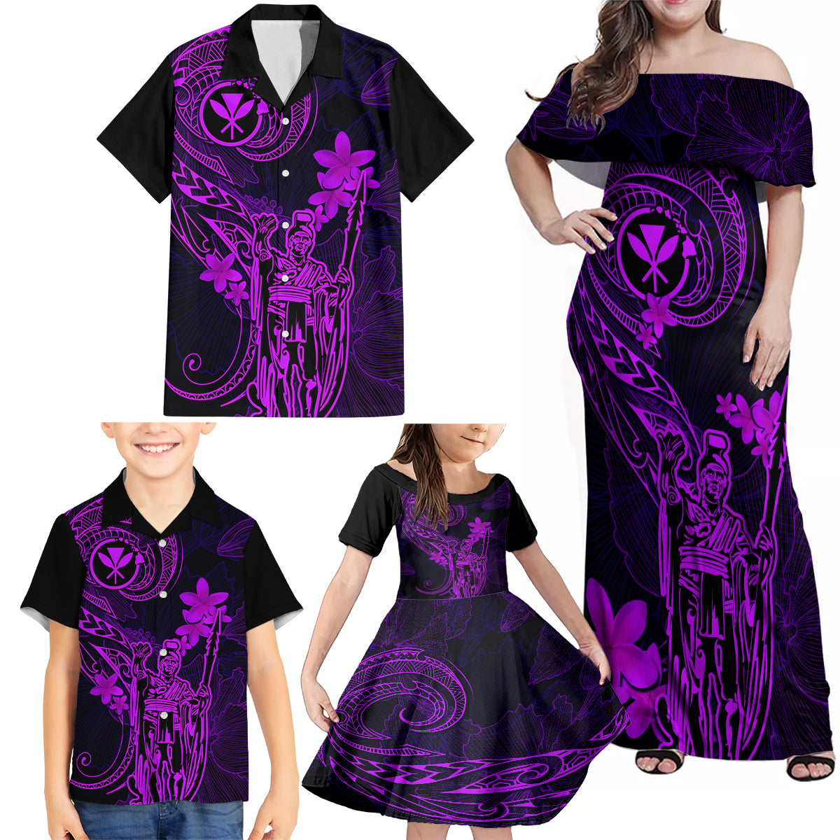 Hawaii Family Matching Off Shoulder Maxi Dress and Hawaiian Shirt King Kamehameha Mix Polynesian Plumeria Purple Version LT14 - Polynesian Pride