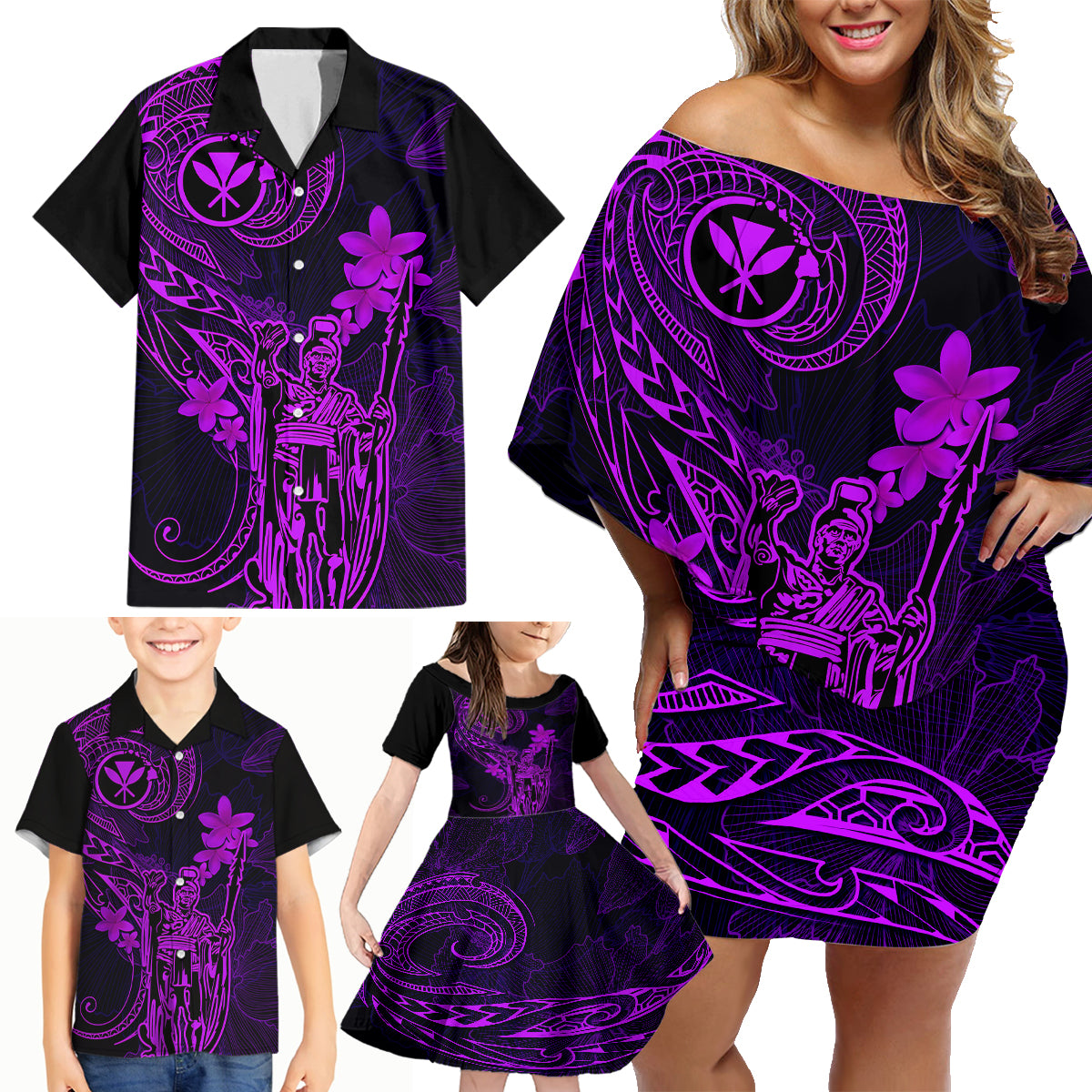 Hawaii Family Matching Off Shoulder Short Dress and Hawaiian Shirt King Kamehameha Mix Polynesian Plumeria Purple Version LT14 - Polynesian Pride