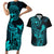 Hawaii Couples Matching Short Sleeve Bodycon Dress and Hawaiian Shirt King Kamehameha Mix Polynesian Plumeria Turquoise Version LT14 Turquoise - Polynesian Pride