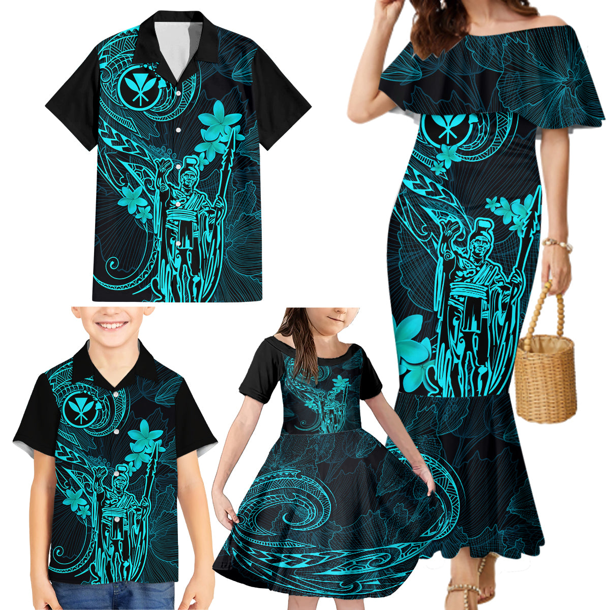 Hawaii Family Matching Mermaid Dress and Hawaiian Shirt King Kamehameha Mix Polynesian Plumeria Turquoise Version LT14 - Polynesian Pride