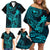 Hawaii Family Matching Off Shoulder Short Dress and Hawaiian Shirt King Kamehameha Mix Polynesian Plumeria Turquoise Version LT14 - Polynesian Pride