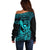 Hawaii Off Shoulder Sweater King Kamehameha Mix Polynesian Plumeria Turquoise Version LT14 - Polynesian Pride