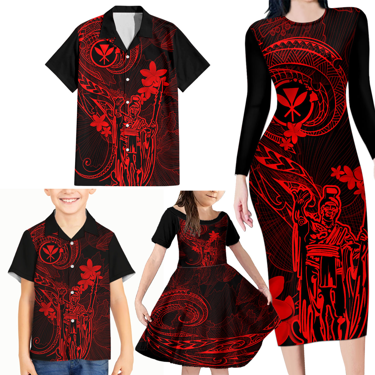 Hawaii Family Matching Long Sleeve Bodycon Dress and Hawaiian Shirt King Kamehameha Mix Polynesian Plumeria Red Version LT14 - Polynesian Pride