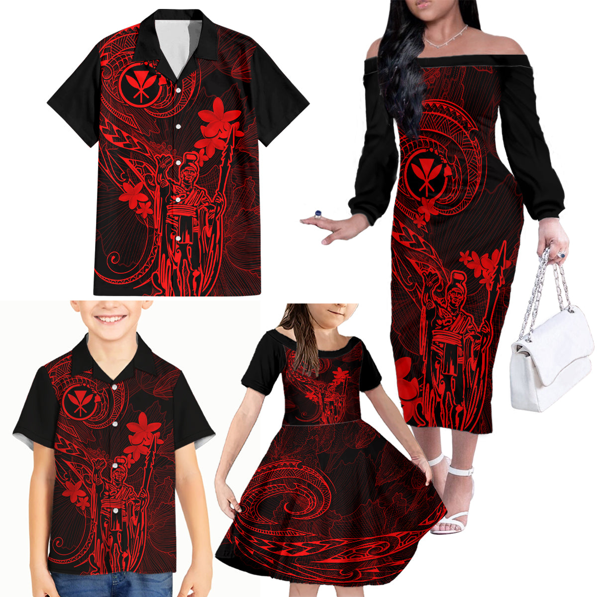 Hawaii Family Matching Off Shoulder Long Sleeve Dress and Hawaiian Shirt King Kamehameha Mix Polynesian Plumeria Red Version LT14 - Polynesian Pride