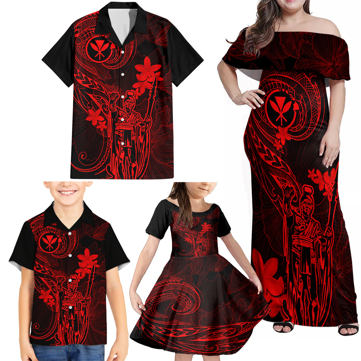 Hawaii Family Matching Off Shoulder Maxi Dress and Hawaiian Shirt King Kamehameha Mix Polynesian Plumeria Red Version LT14 - Polynesian Pride