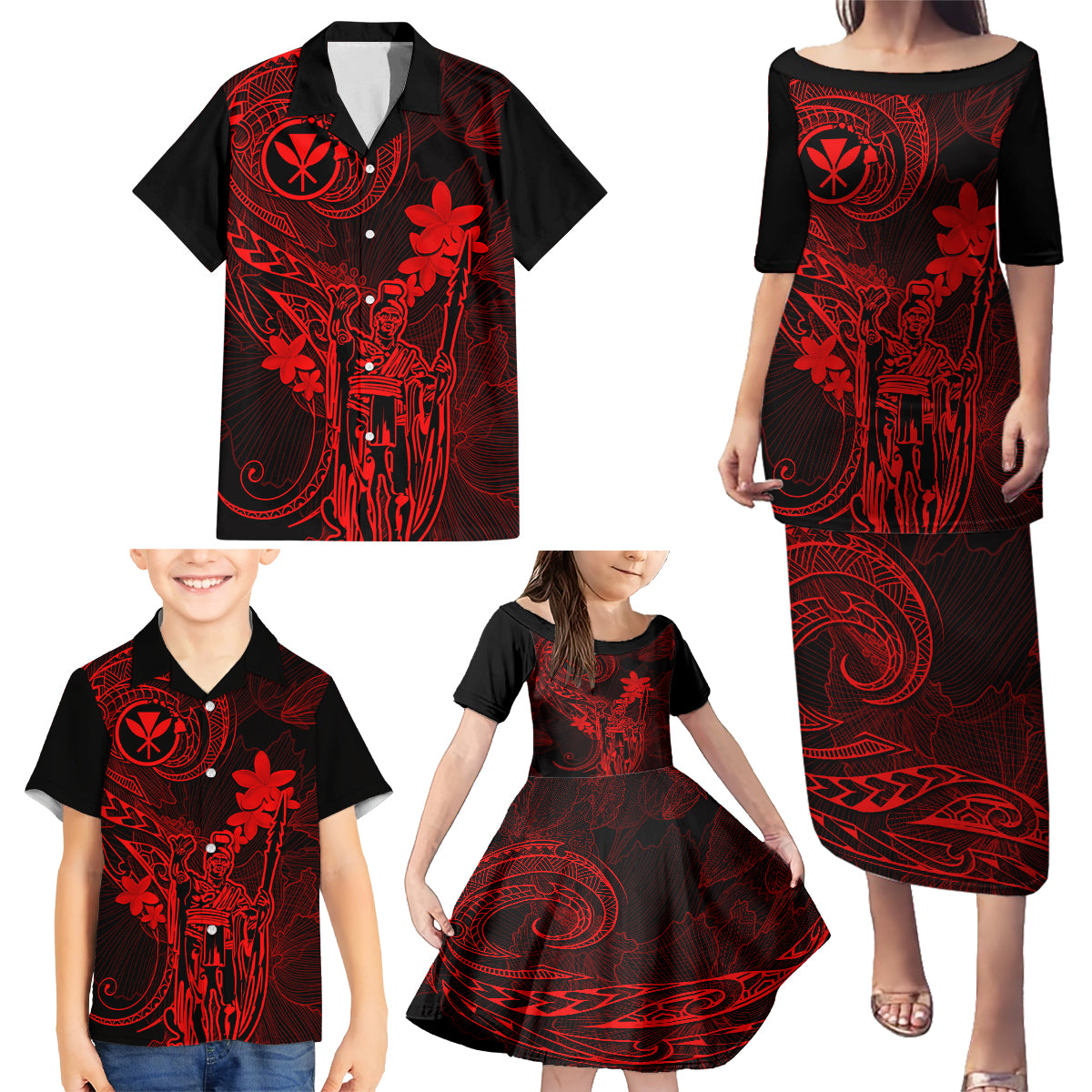 Hawaii Family Matching Puletasi Dress and Hawaiian Shirt King Kamehameha Mix Polynesian Plumeria Red Version LT14 - Polynesian Pride