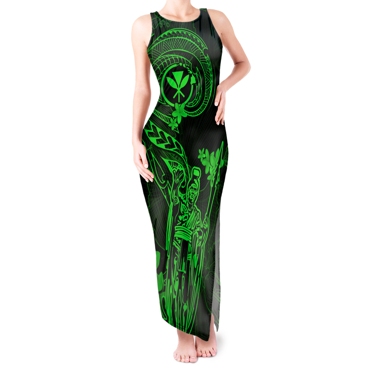 Hawaii Tank Maxi Dress King Kamehameha Mix Polynesian Plumeria Green Version LT14 Women Green - Polynesian Pride