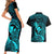 Hawaii Couples Matching Short Sleeve Bodycon Dress and Hawaiian Shirt Pineapple Mix Polynesian Plumeria Turquoise Version LT14 - Polynesian Pride