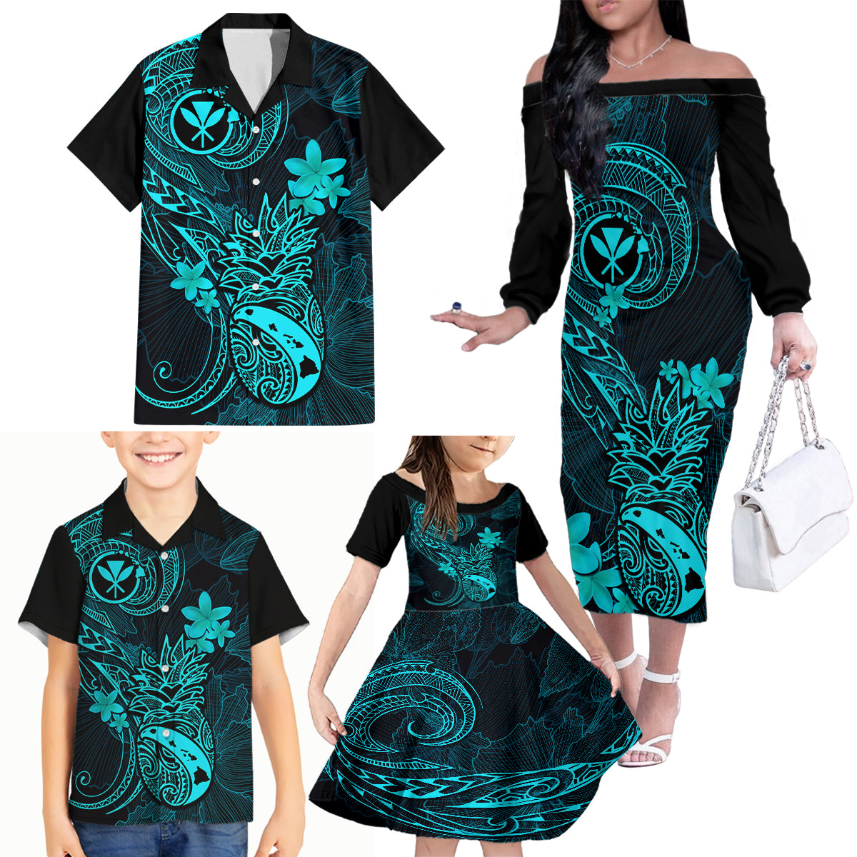 Hawaii Family Matching Off Shoulder Long Sleeve Dress and Hawaiian Shirt Pineapple Mix Polynesian Plumeria Turquoise Version LT14 - Polynesian Pride