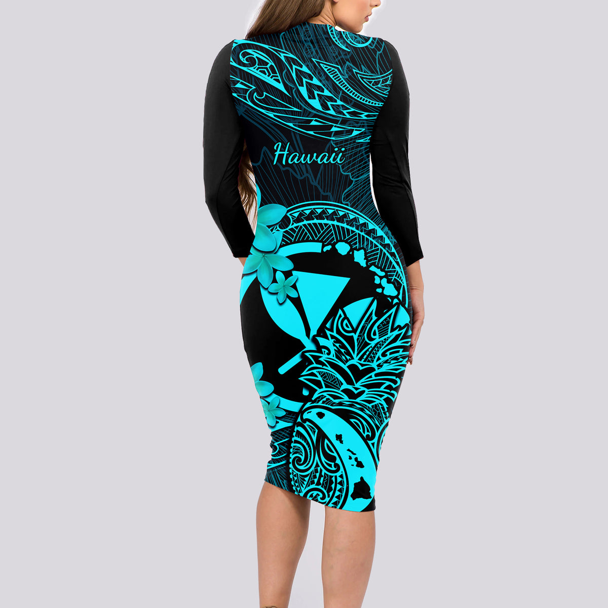 Hawaii Long Sleeve Bodycon Dress Pineapple Mix Polynesian Plumeria Turquoise Version LT14 - Polynesian Pride
