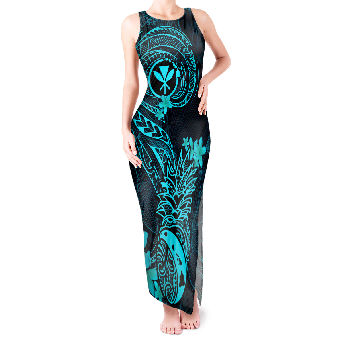 Hawaii Tank Maxi Dress Pineapple Mix Polynesian Plumeria Turquoise Version LT14 Women Turquoise - Polynesian Pride