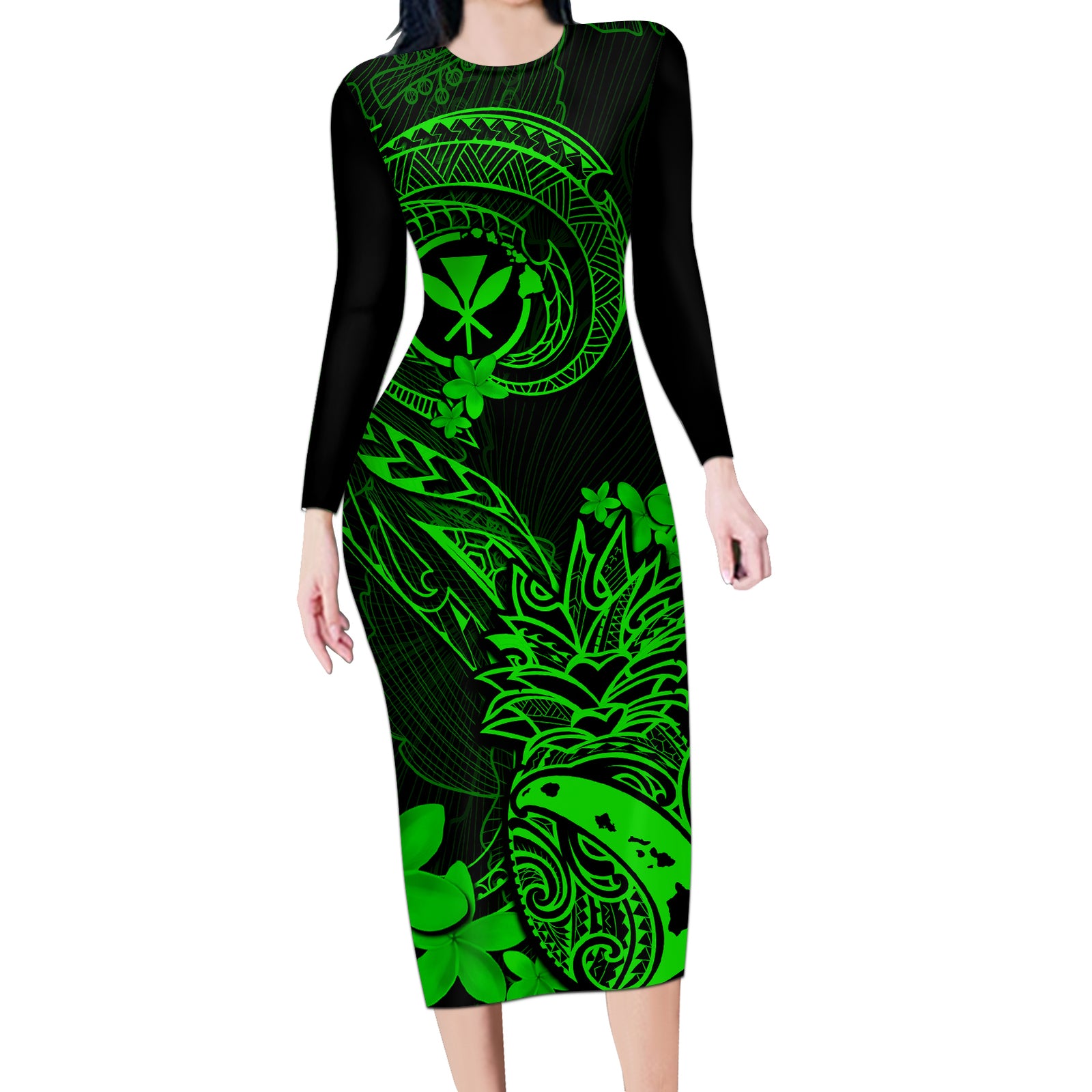 Hawaii Long Sleeve Bodycon Dress Pineapple Mix Polynesian Plumeria Green Version LT14 Long Dress Green - Polynesian Pride