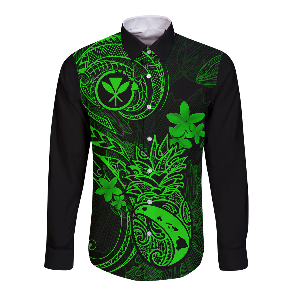 Hawaii Long Sleeve Button Shirt Pineapple Mix Polynesian Plumeria Green Version LT14 Unisex Green - Polynesian Pride