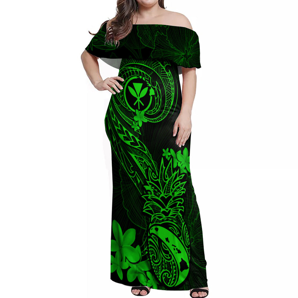 Hawaii Off Shoulder Maxi Dress Pineapple Mix Polynesian Plumeria Green Version LT14 Women Green - Polynesian Pride