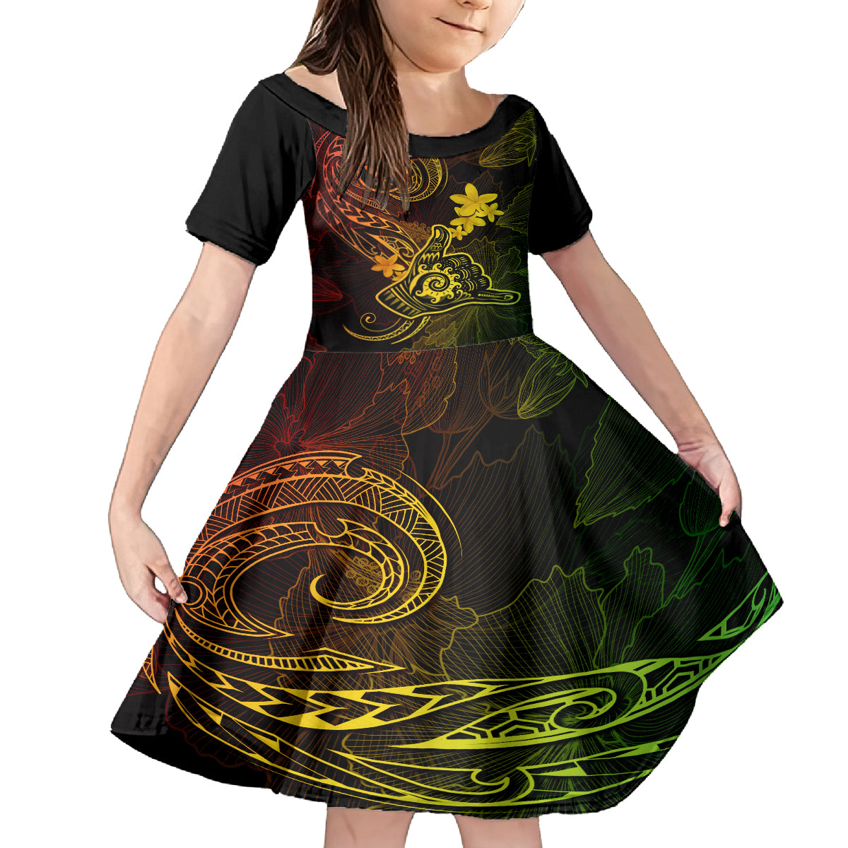 Hawaii Kid Short Sleeve Dress Shaka Tattoo Mix Polynesian Plumeria Reggae Version LT14 KID Reggae - Polynesian Pride
