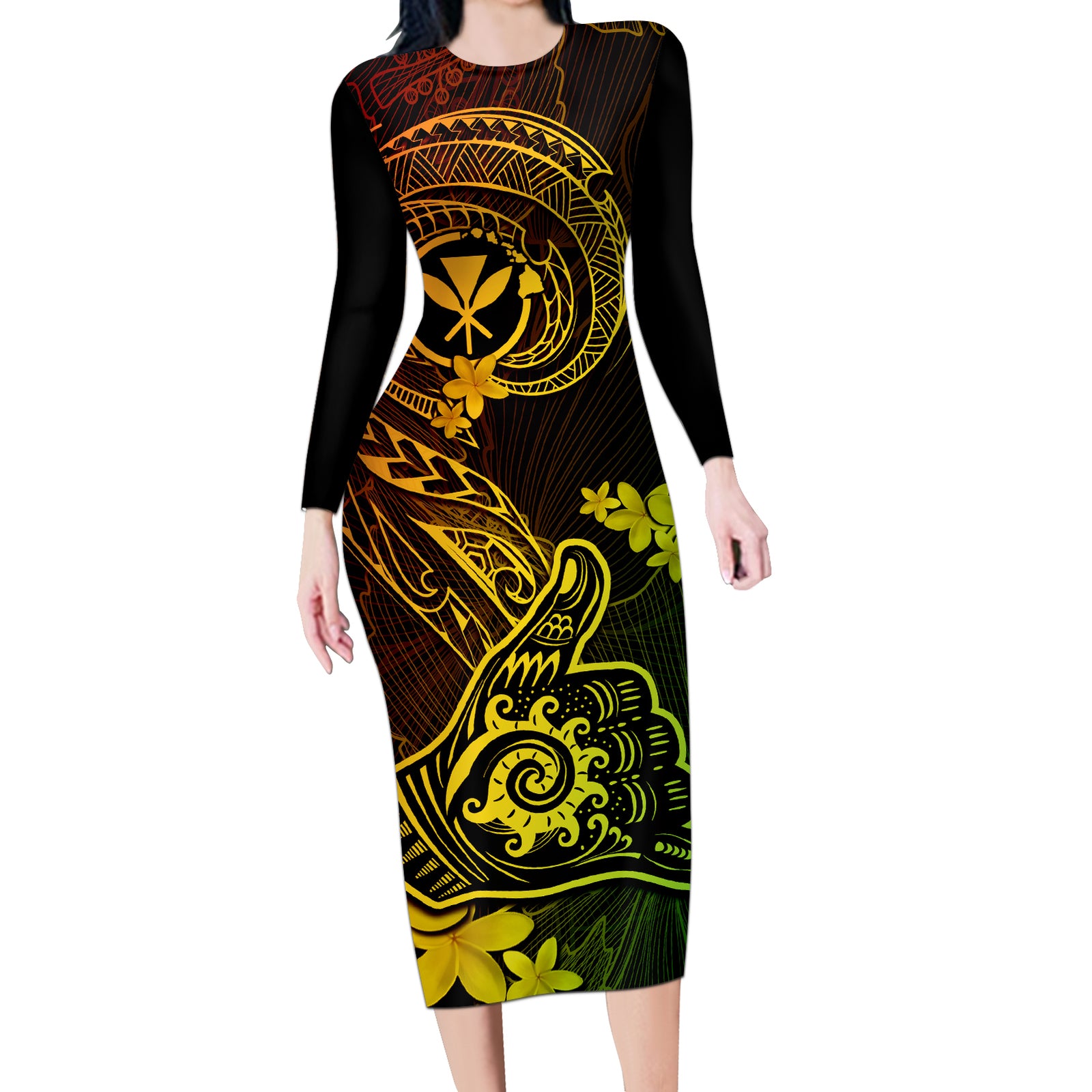 Hawaii Long Sleeve Bodycon Dress Shaka Tattoo Mix Polynesian Plumeria Reggae Version LT14 Long Dress Reggae - Polynesian Pride