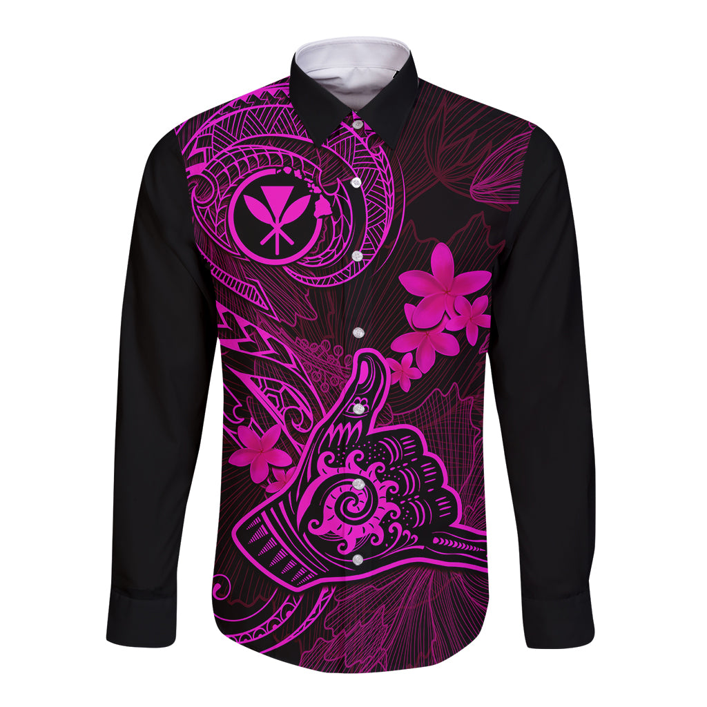 Hawaii Long Sleeve Button Shirt Shaka Tattoo Mix Polynesian Plumeria Pink Version LT14 Unisex Pink - Polynesian Pride