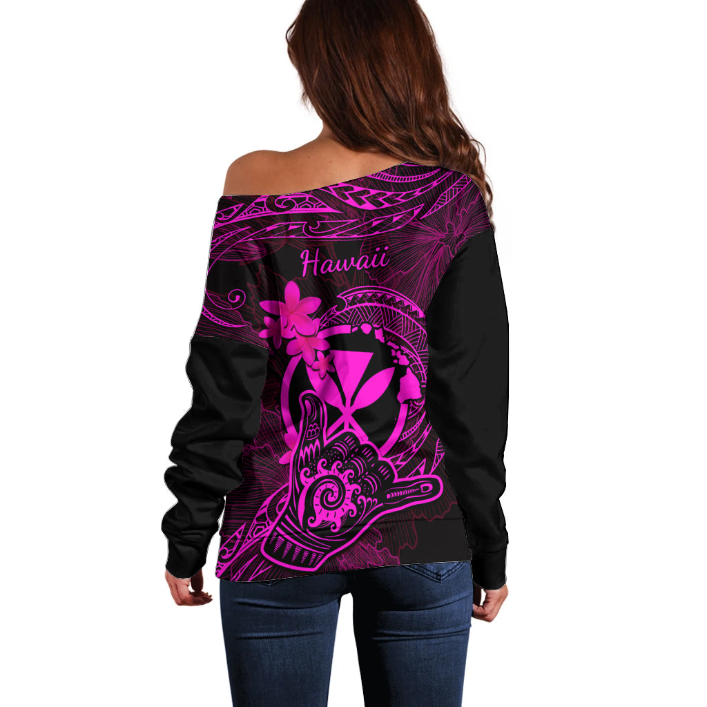 Hawaii Off Shoulder Sweater Shaka Tattoo Mix Polynesian Plumeria Pink Version LT14 - Polynesian Pride