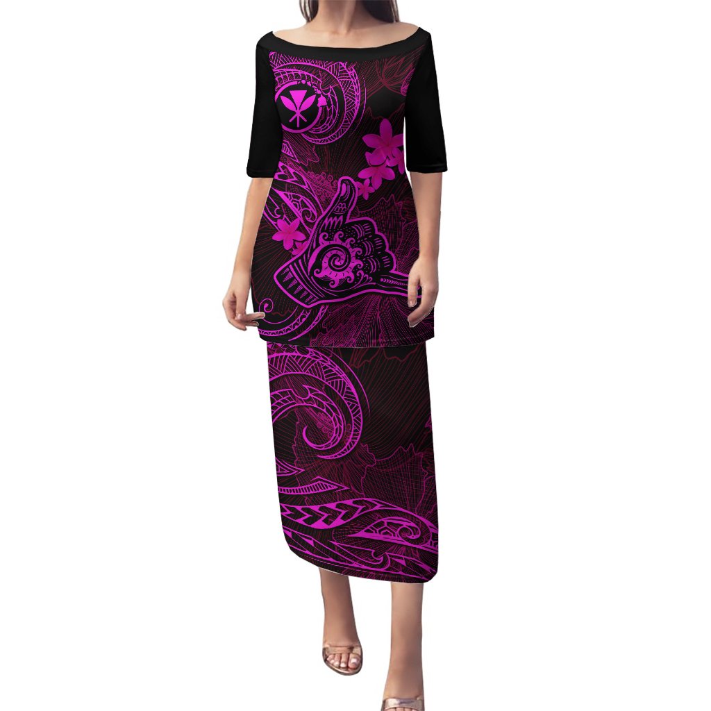 Hawaii Puletasi Shaka Tattoo Mix Polynesian Plumeria Pink Version LT14 Long Dress Pink - Polynesian Pride