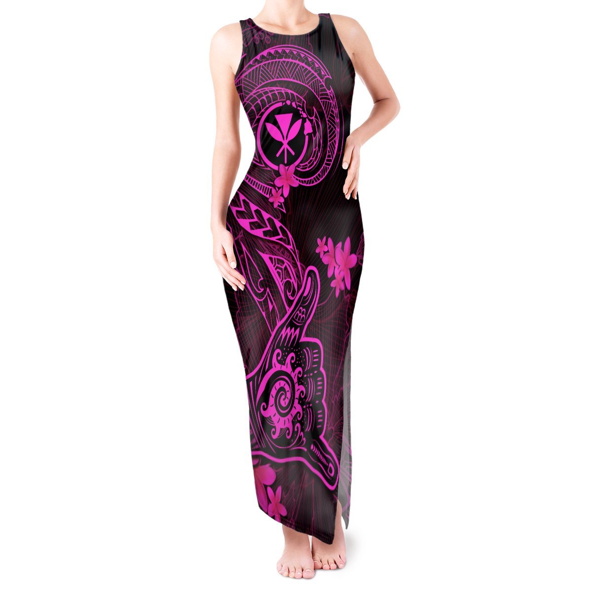 Hawaii Tank Maxi Dress Shaka Tattoo Mix Polynesian Plumeria Pink Version LT14 Women Pink - Polynesian Pride