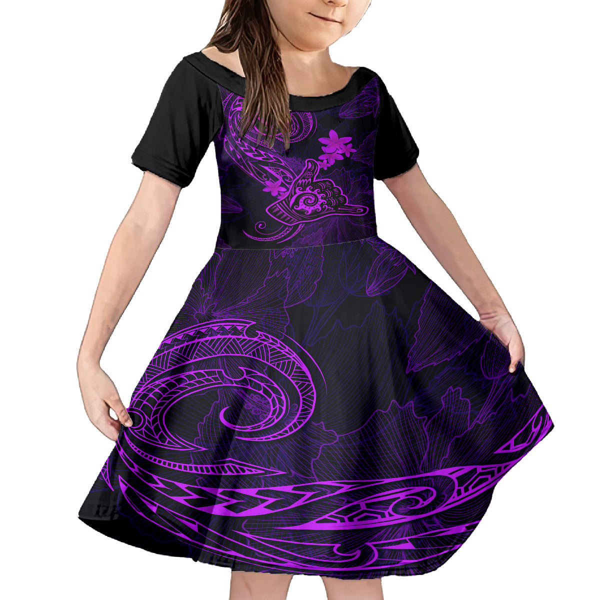 Hawaii Kid Short Sleeve Dress Shaka Tattoo Mix Polynesian Plumeria Purple Version LT14 KID Purple - Polynesian Pride