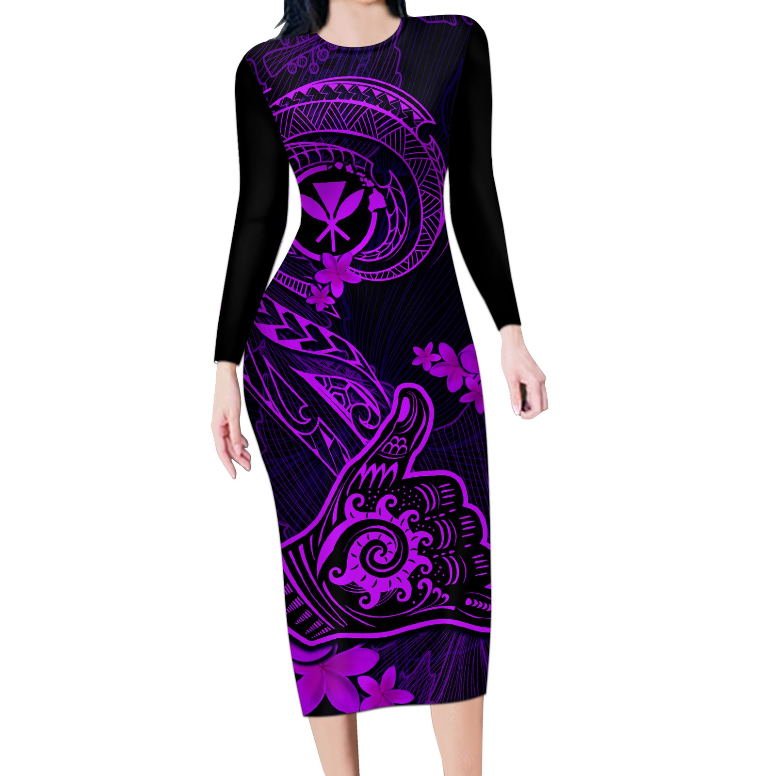 Hawaii Long Sleeve Bodycon Dress Shaka Tattoo Mix Polynesian Plumeria Purple Version LT14 Long Dress Purple - Polynesian Pride