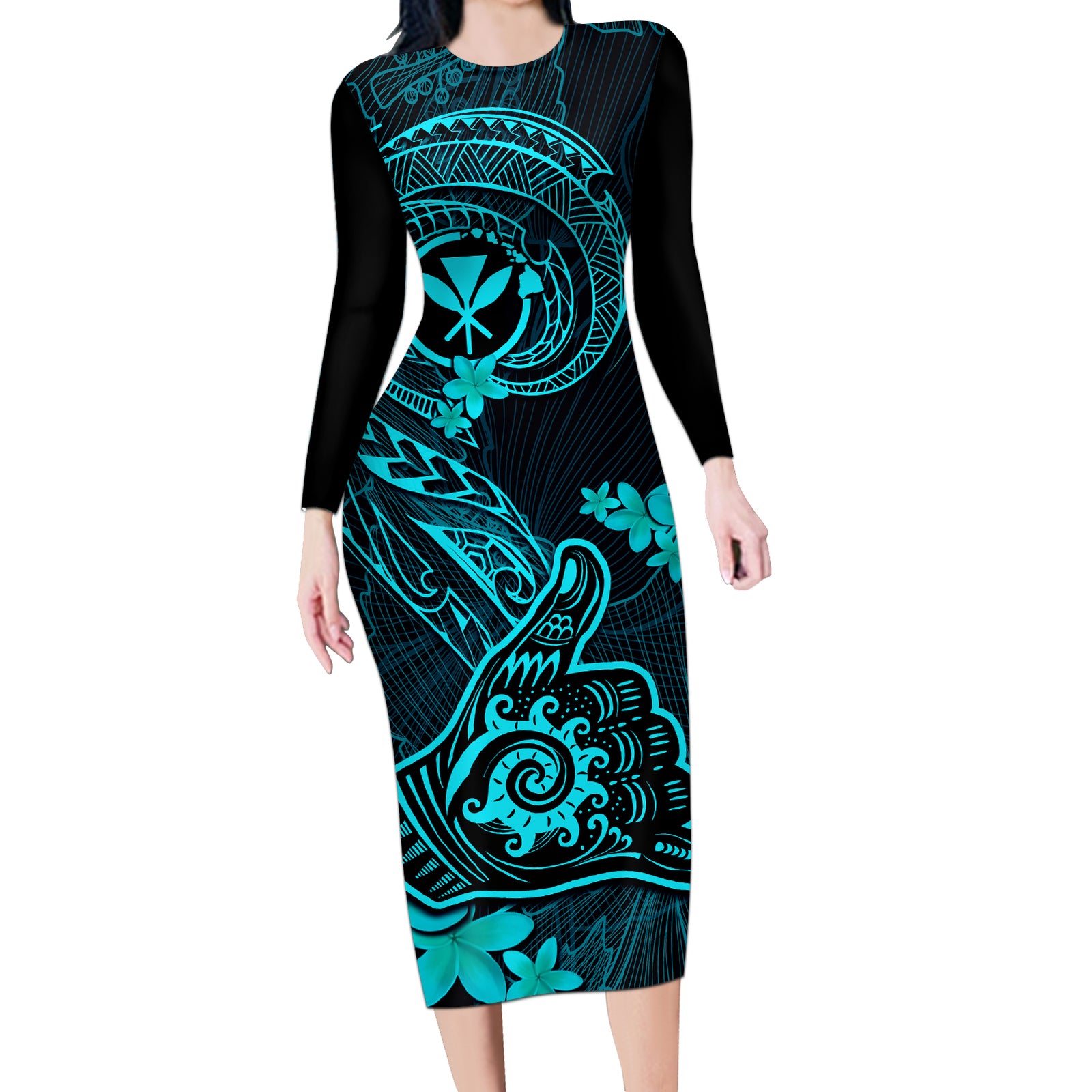 Hawaii Long Sleeve Bodycon Dress Shaka Tattoo Mix Polynesian Plumeria Turquoise Version LT14 Long Dress Turquoise - Polynesian Pride