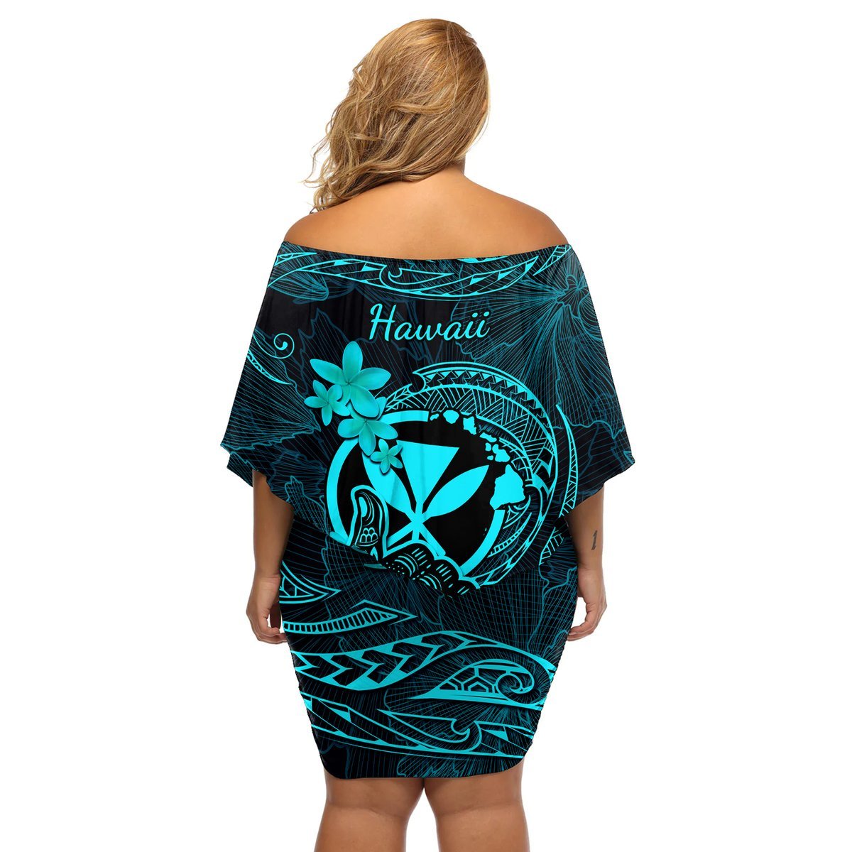 Hawaii Off Shoulder Short Dress Shaka Tattoo Mix Polynesian Plumeria Turquoise Version LT14 - Polynesian Pride