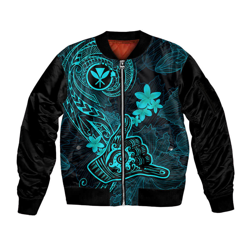 Hawaii Sleeve Zip Bomber Jacket Shaka Tattoo Mix Polynesian Plumeria Turquoise Version LT14 Unisex Turquoise - Polynesian Pride
