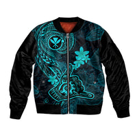 Hawaii Sleeve Zip Bomber Jacket Shaka Tattoo Mix Polynesian Plumeria Turquoise Version LT14 Unisex Turquoise - Polynesian Pride