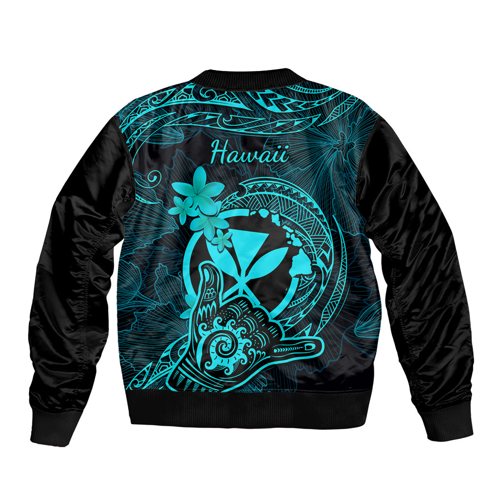 Hawaii Sleeve Zip Bomber Jacket Shaka Tattoo Mix Polynesian Plumeria Turquoise Version LT14 - Polynesian Pride