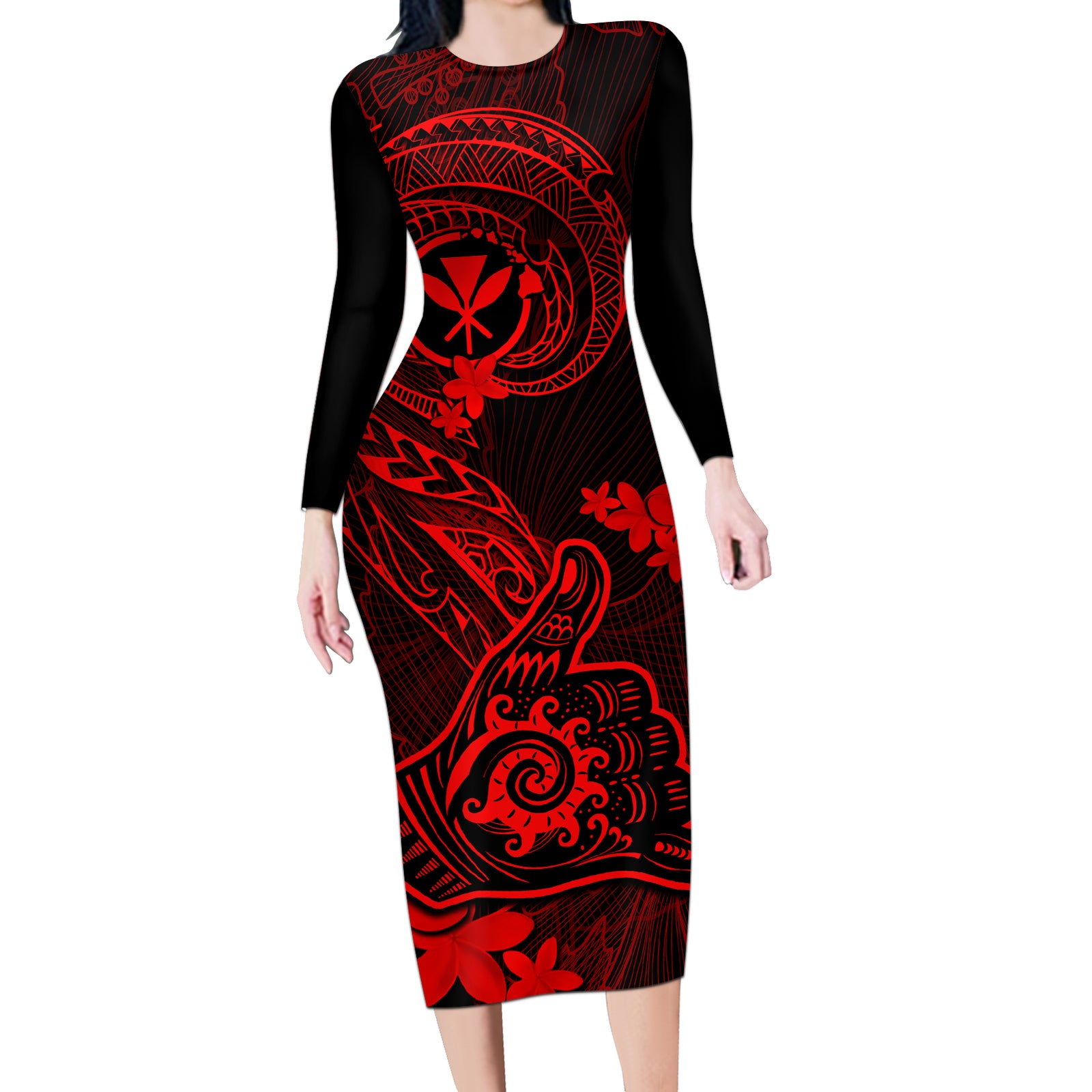 Hawaii Long Sleeve Bodycon Dress Shaka Tattoo Mix Polynesian Plumeria Red Version LT14 Long Dress Red - Polynesian Pride