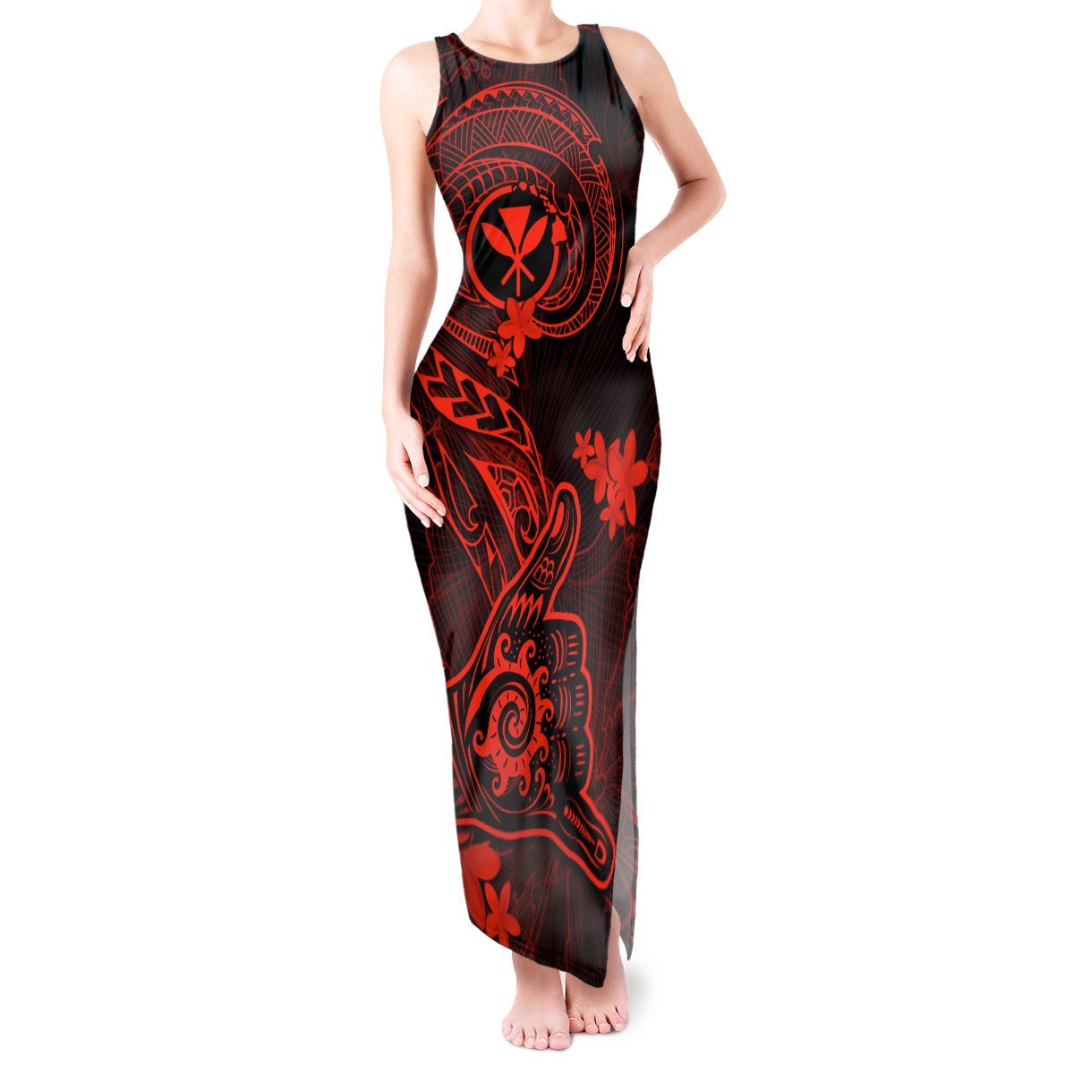 Hawaii Tank Maxi Dress Shaka Tattoo Mix Polynesian Plumeria Red Version LT14 Women Red - Polynesian Pride