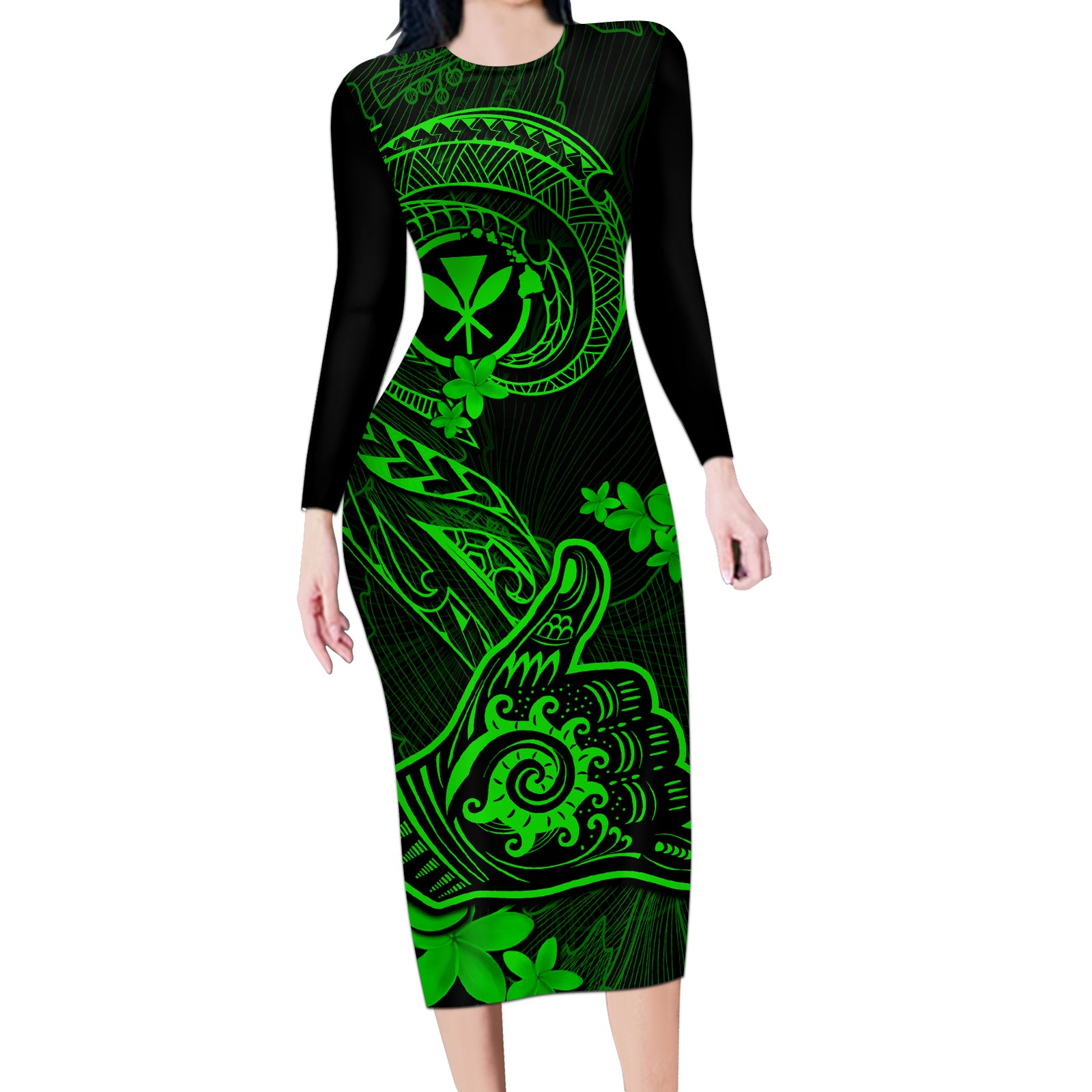 Hawaii Long Sleeve Bodycon Dress Shaka Tattoo Mix Polynesian Plumeria Green Version LT14 Long Dress Green - Polynesian Pride