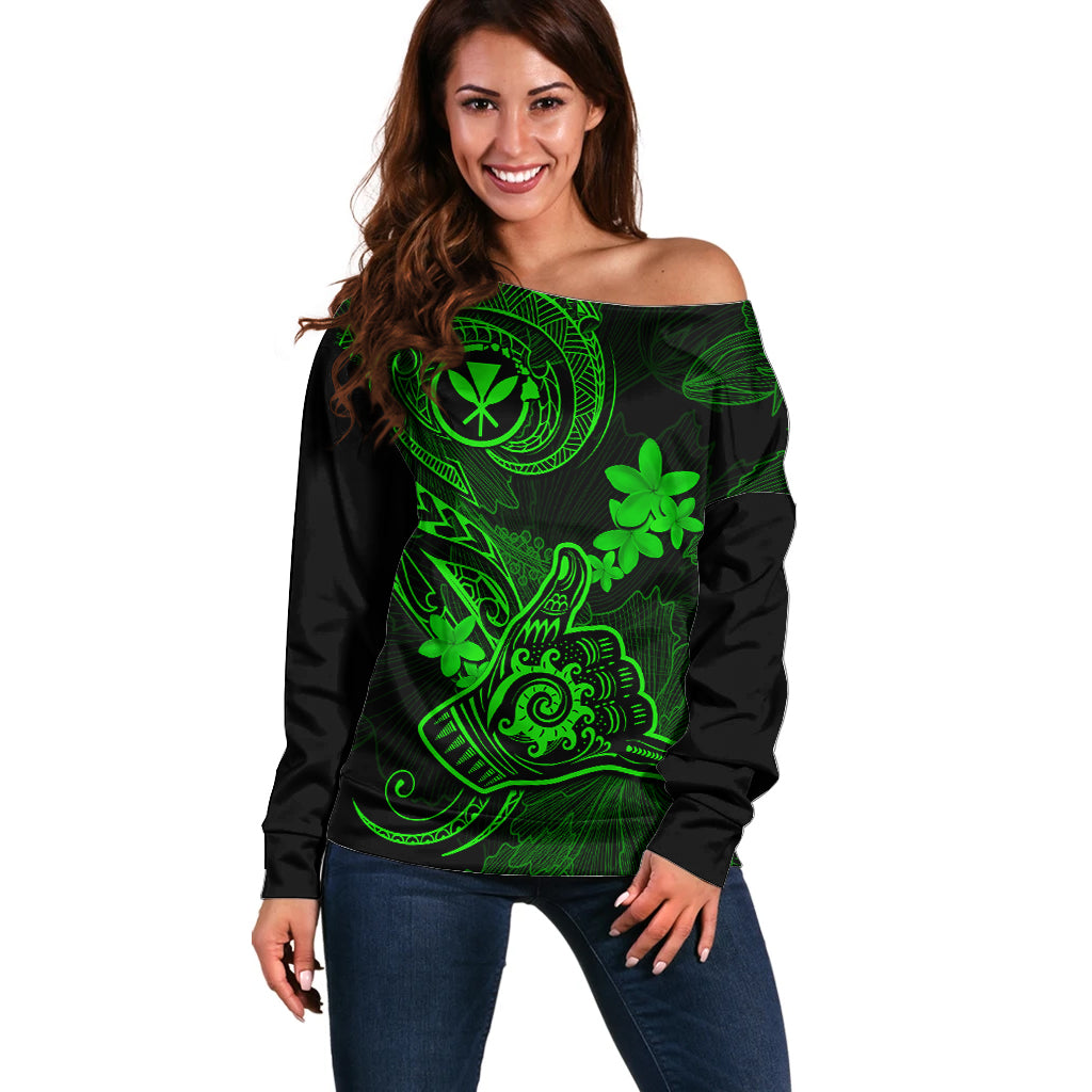 Hawaii Off Shoulder Sweater Shaka Tattoo Mix Polynesian Plumeria Green Version LT14 Women Green - Polynesian Pride