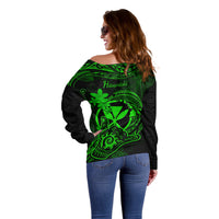 Hawaii Off Shoulder Sweater Shaka Tattoo Mix Polynesian Plumeria Green Version LT14 - Polynesian Pride