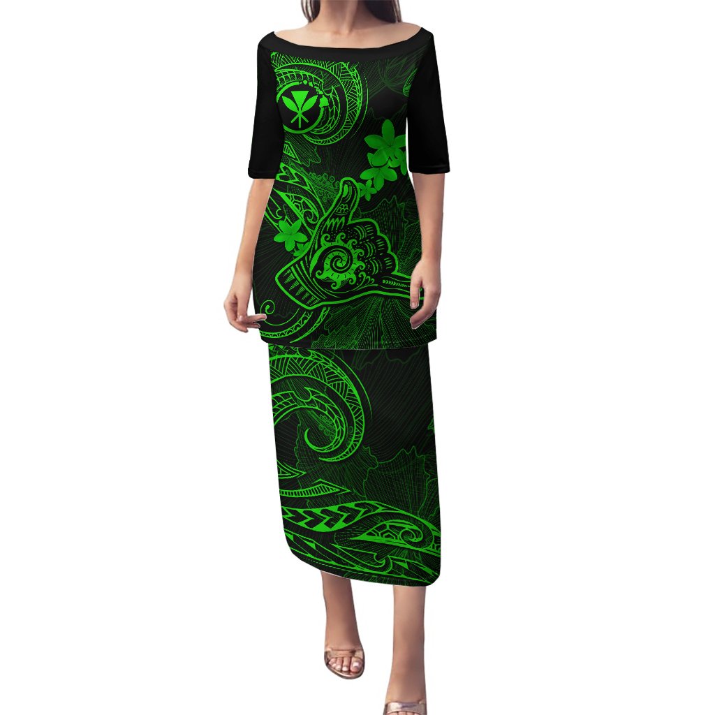Hawaii Puletasi Shaka Tattoo Mix Polynesian Plumeria Green Version LT14 Long Dress Green - Polynesian Pride
