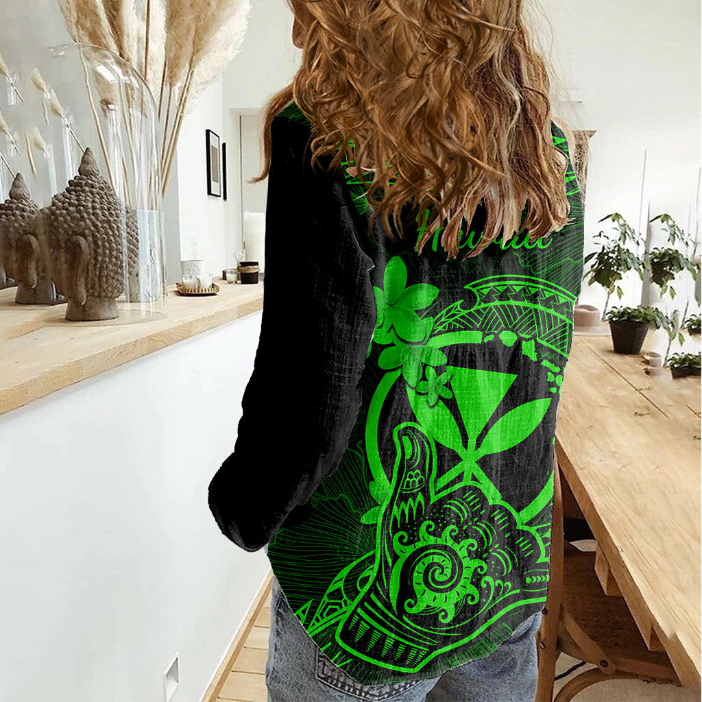 Hawaii Women Casual Shirt Shaka Tattoo Mix Polynesian Plumeria Green Version LT14 - Polynesian Pride