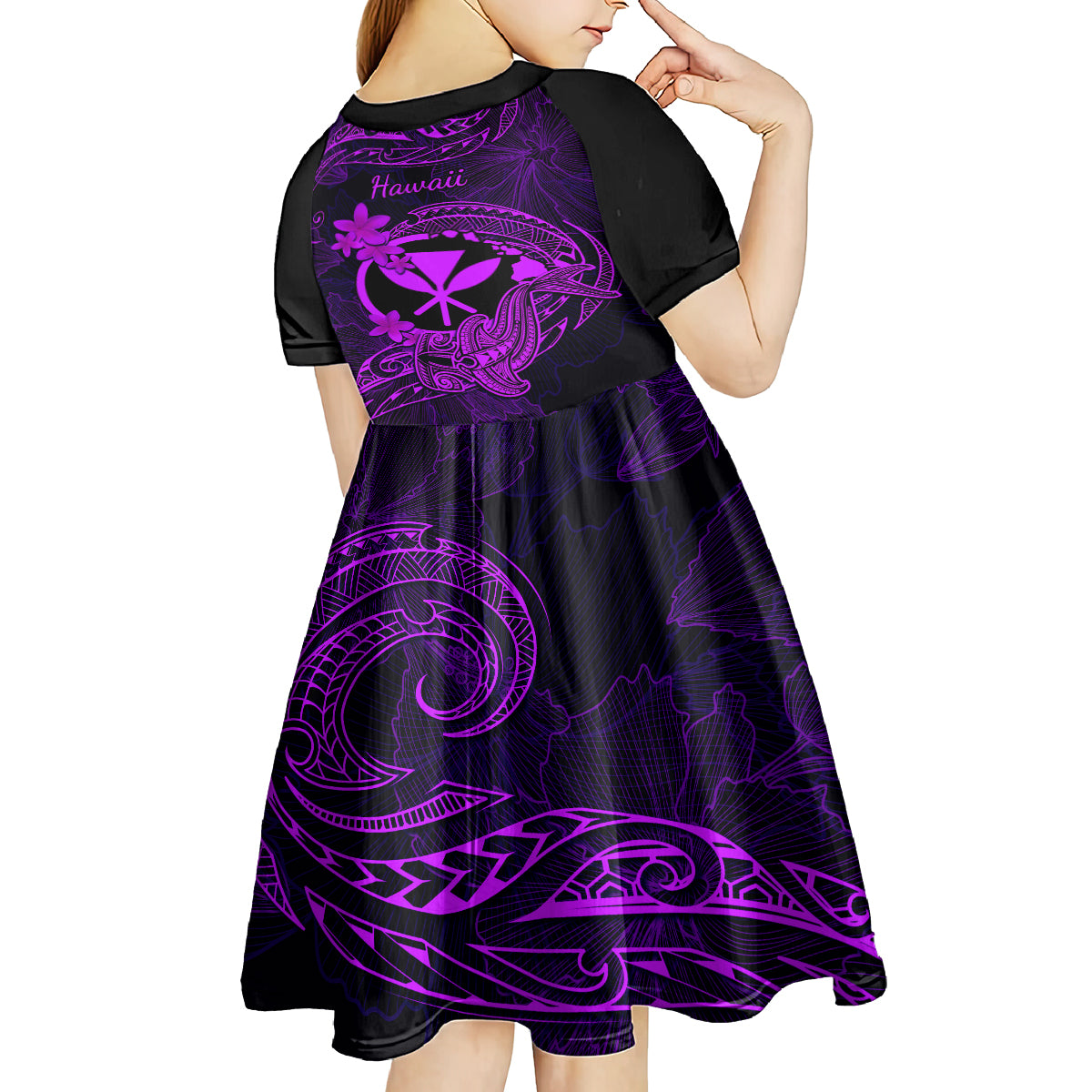 Hawaii Kid Short Sleeve Dress Hammerhead Shark Tattoo Mix Polynesian Plumeria Purple Version LT14 - Polynesian Pride