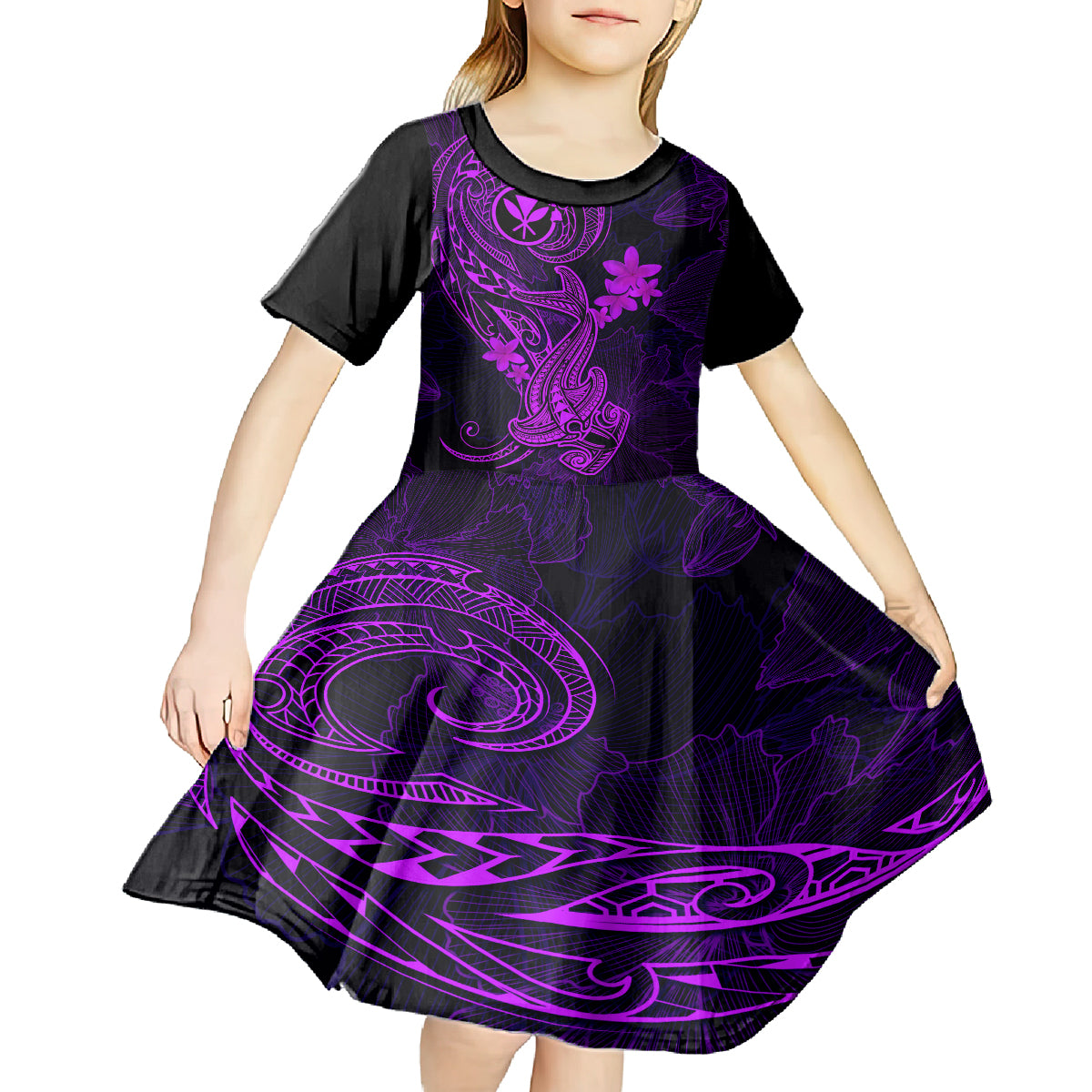 Hawaii Kid Short Sleeve Dress Hammerhead Shark Tattoo Mix Polynesian Plumeria Purple Version LT14 - Polynesian Pride