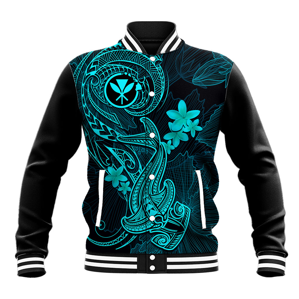 Hawaii Baseball Jacket Hammerhead Shark Tattoo Mix Polynesian Plumeria Turquoise Version LT14 Unisex Turquoise - Polynesian Pride